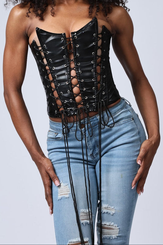 Women's Lace-Up Faux Leather Bustier Corset- Front view- Baebekillinem