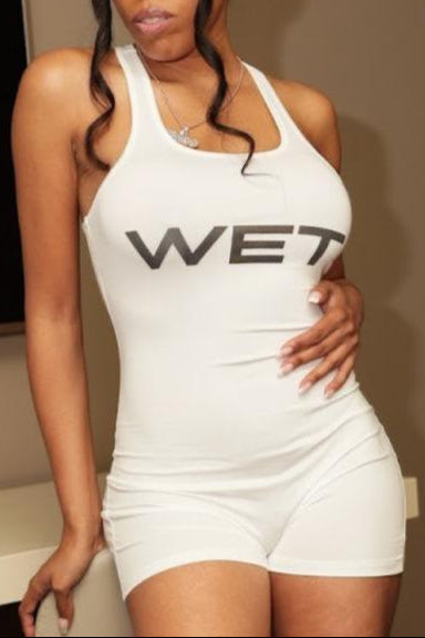 White WET print romper solid graphic fitted style — Baebekillinem