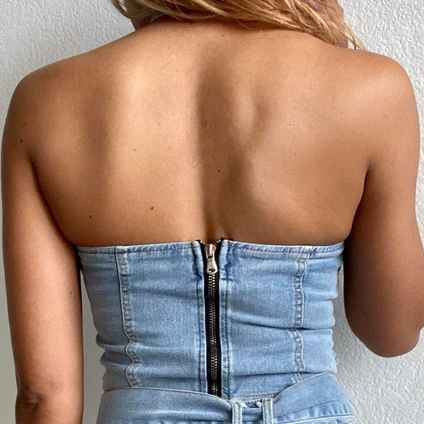 Women's Light Blue- Denim Halter Skort Set- Polyester/ Blended fabric- Baebekillinem boutique