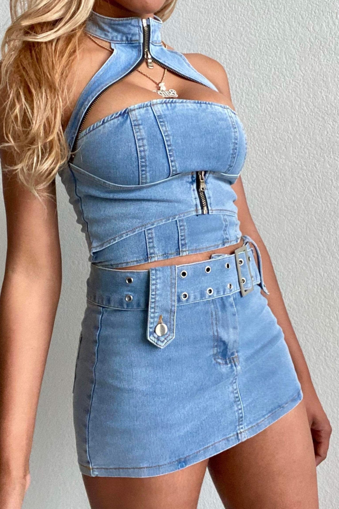 Women's Light Blue- Denim Halter Skort Set- Polyester/ Blended fabric- Baebekillinem boutique