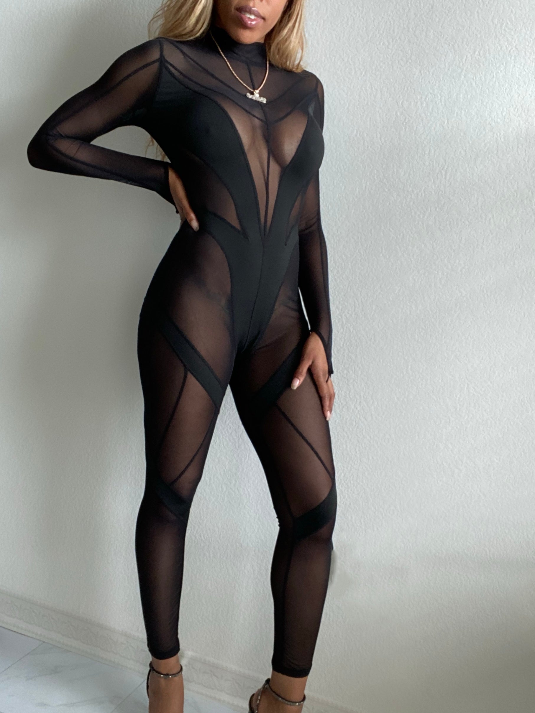 Women's Mesh Cutout Jumpsuit - Baebekillinem Boutique- Polyester/ Spandex- Black- Mugler- See through- night- party - club- Stretch- dance