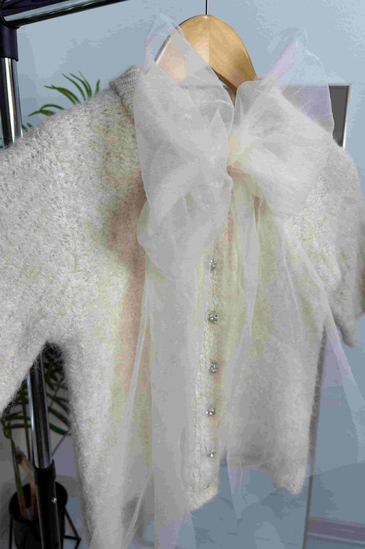Women's fuzzy bow sweater top cream knit front view — Baebekillinem