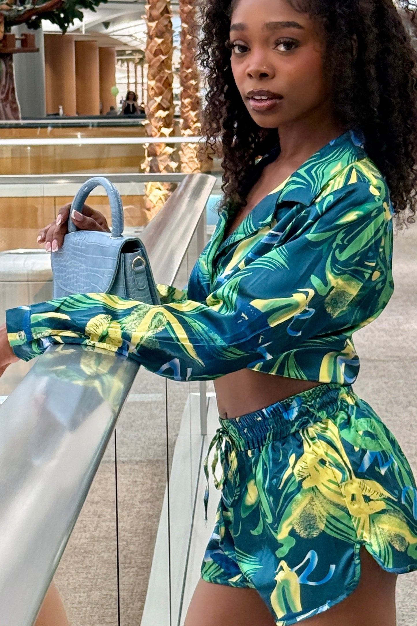 Tropical Satin Abstract Shorts Set- lifestyle side view -Baebekillinem