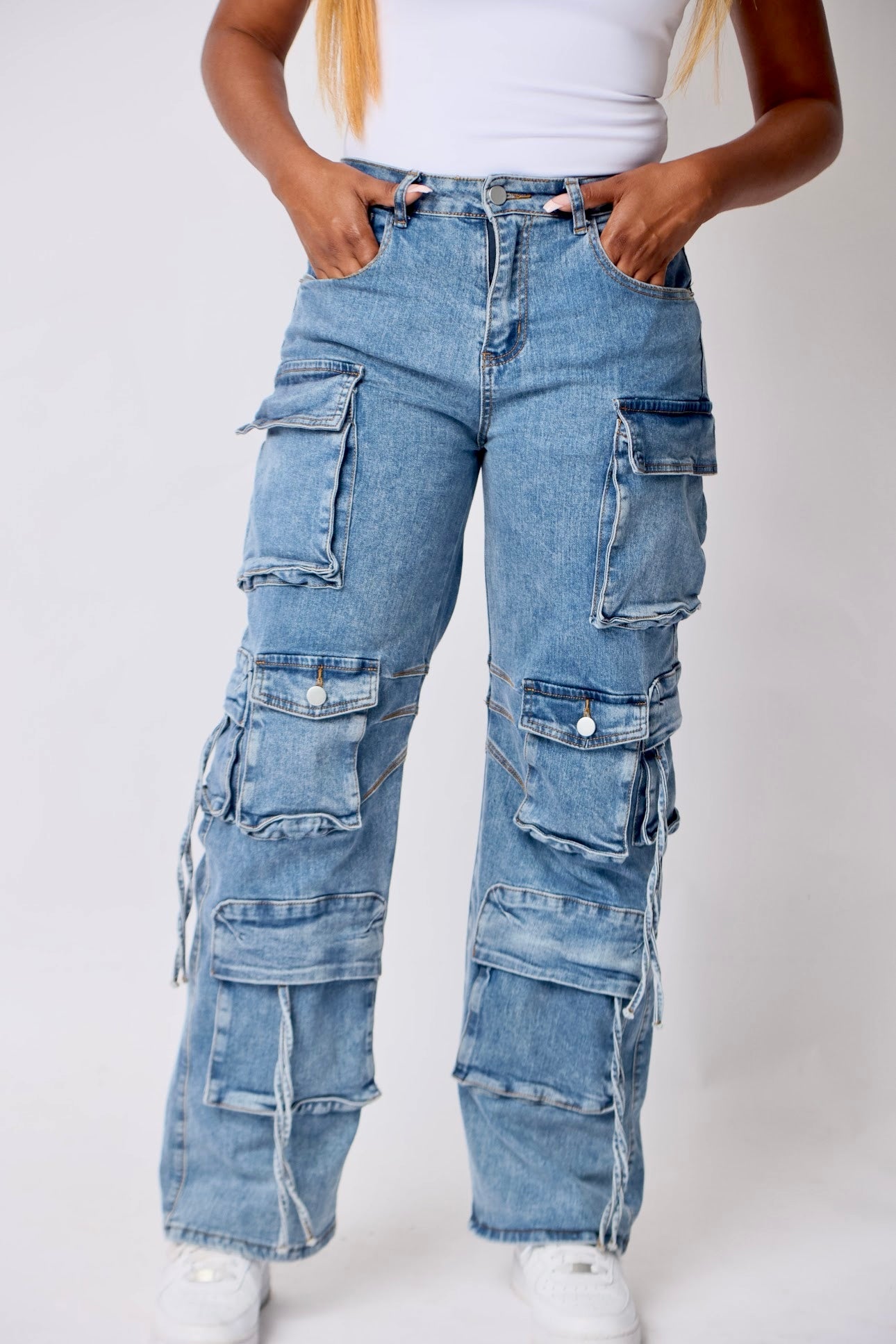 Multi Pocket Denim Wide Leg Cargo Pants
