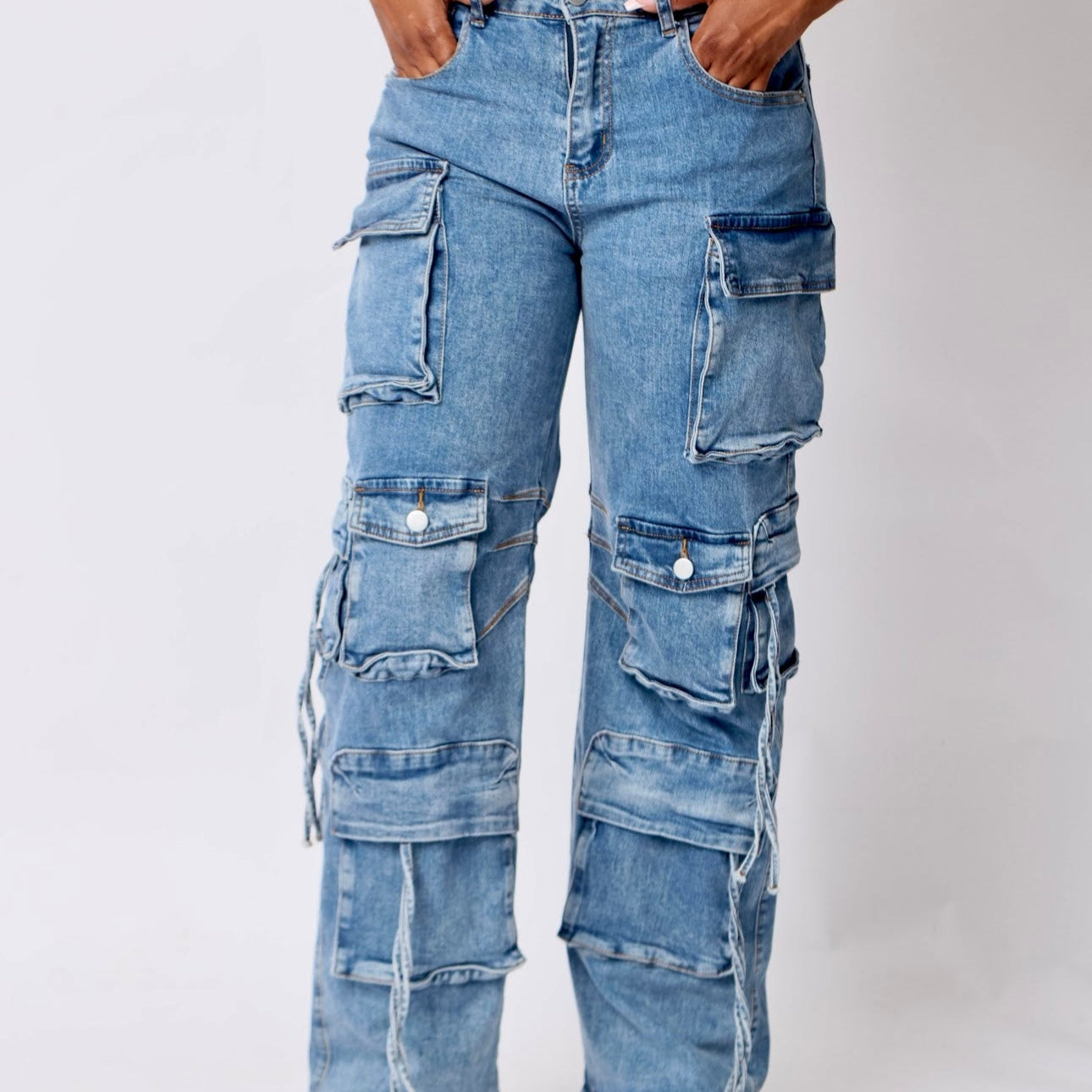 Multi Pocket Denim Wide Leg Cargo Pants