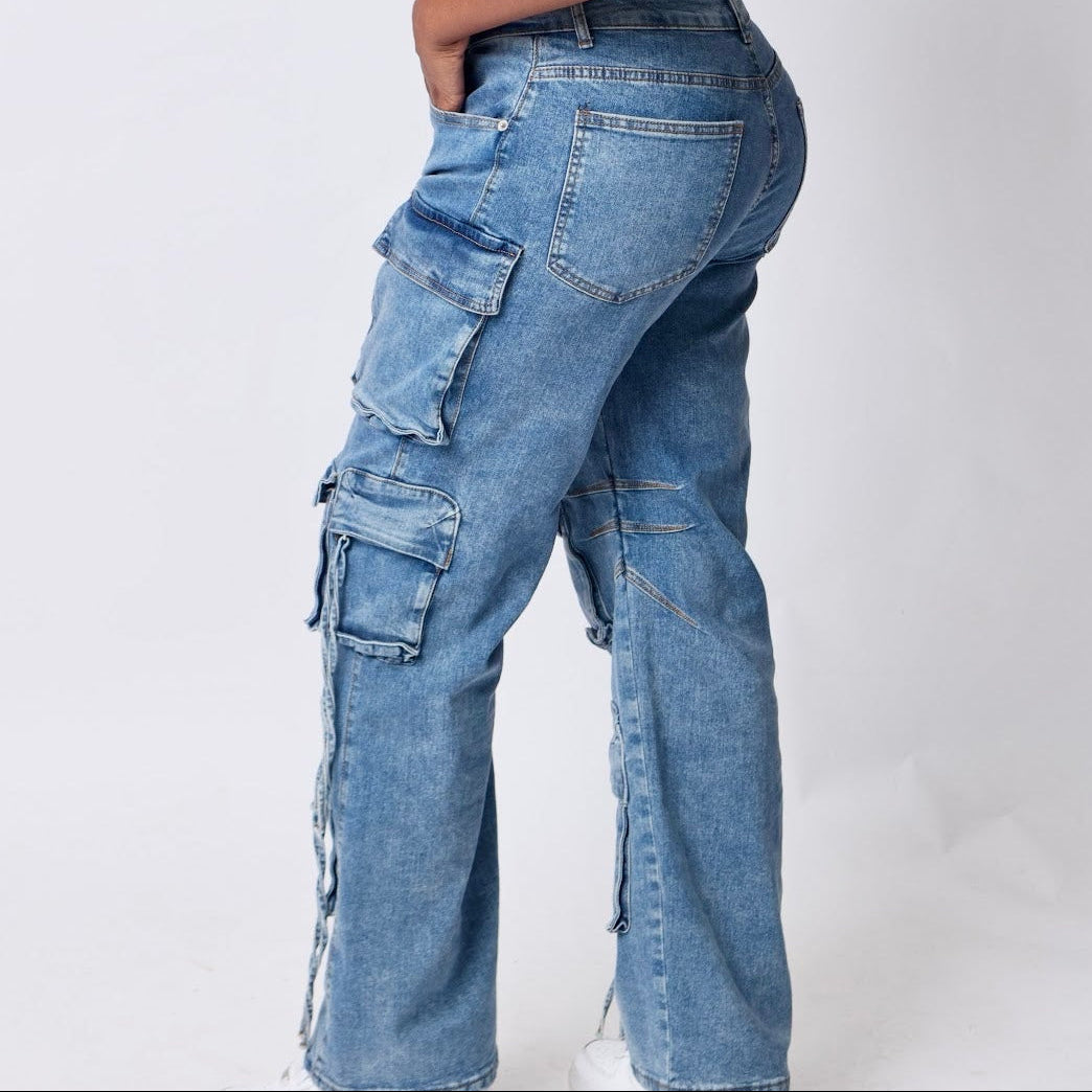 Multi Pocket Denim Wide Leg Cargo Pants- Blue- Baebekillinem