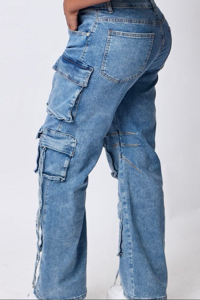 Women's Multi Pocket Denim Wide Leg Cargo Jeans- detailed side view — Baebekillinem