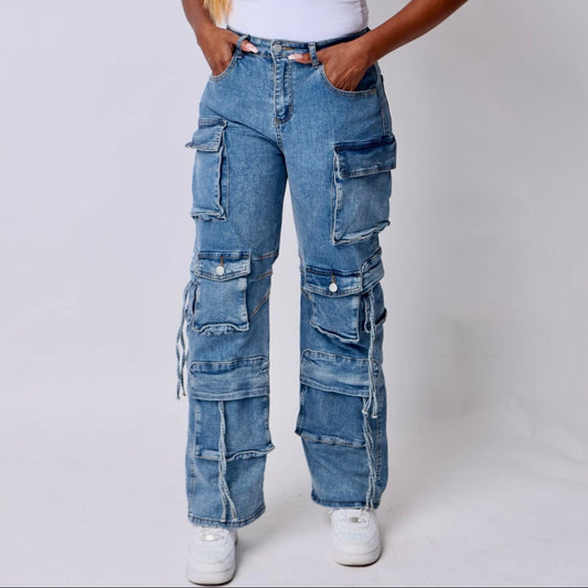 Multi Pocket Denim Wide Leg Cargo Pants