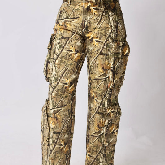 Camo Print Cargo Pants- Front view — close up — Baebekillinem