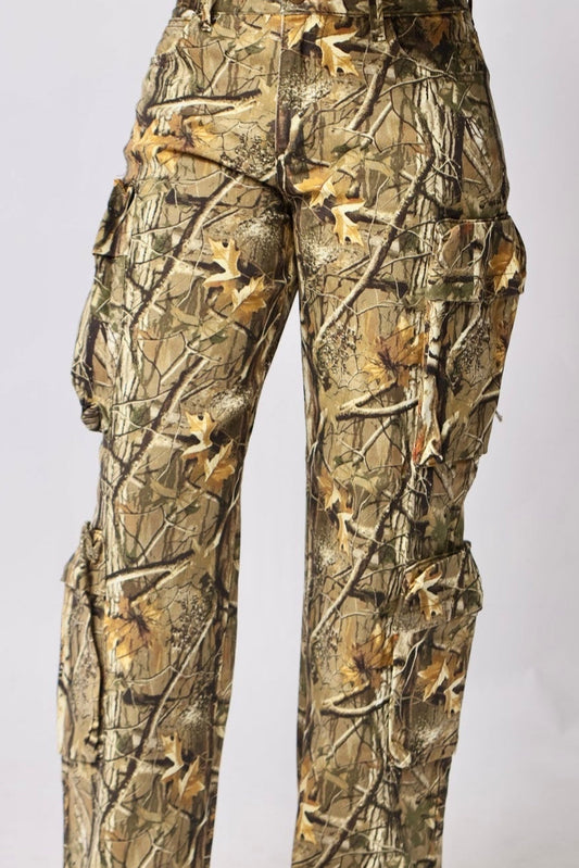 Camo Print Cargo Pants- Front view — close up — Baebekillinem