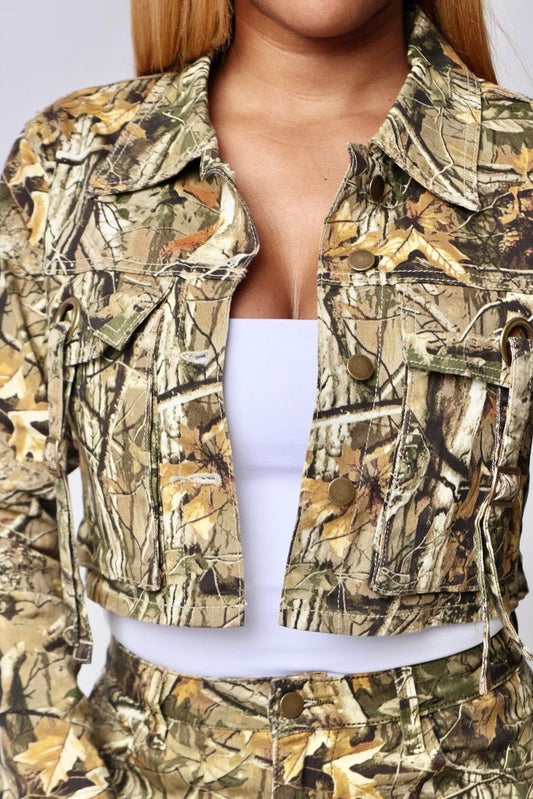 Real Camo Moto Crop Jacket- Baebekilline m- Front view- detail view