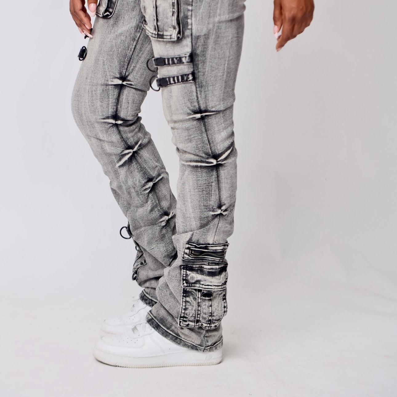 Denim High Rise Stacked Cargo Pants