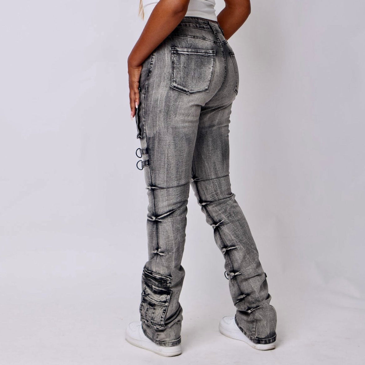 Women's Denim High Rise Stacked Cargo Pants- Baebekillinem Boutique- back VIew