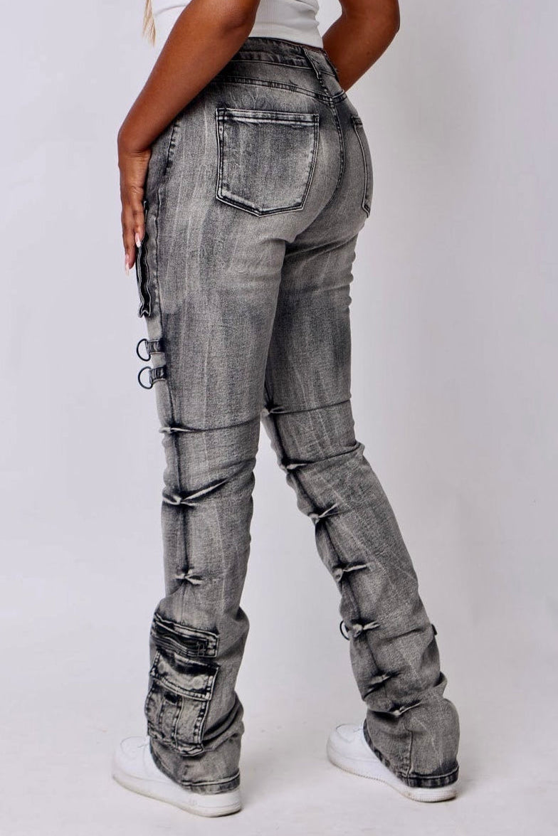 Women's Denim High Rise Stacked Cargo Pants- Baebekillinem Boutique- back VIew