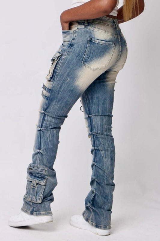 Women's Denim High Rise Stacked Cargo Pants- Baebekillinem Boutique- Back VIew