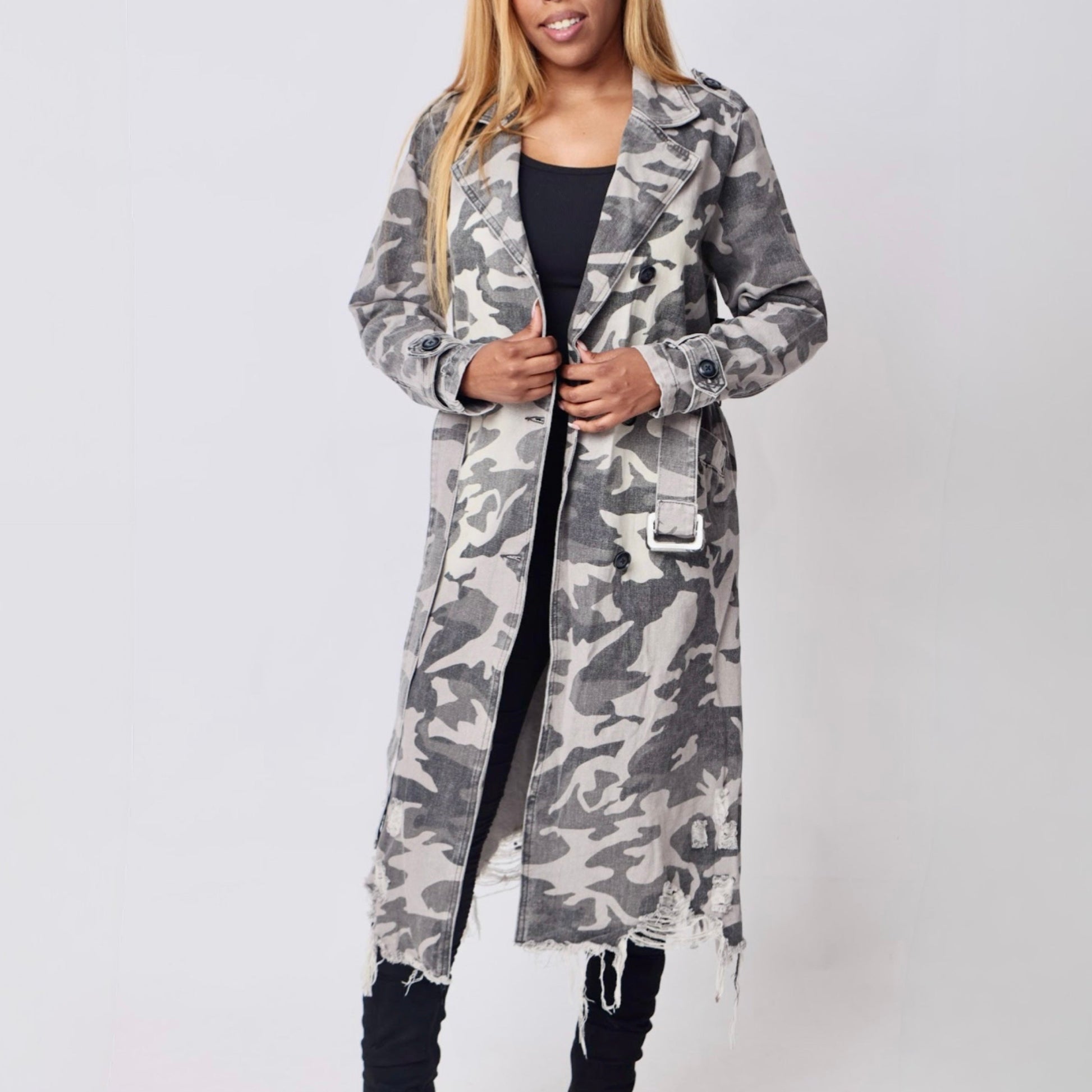 Grey Camo Trench Coat- Baebekillinem Boutique- Distressed