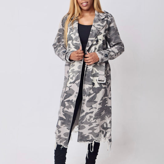 Grey Camo Trench Coat- Baebekillinem Boutique- Distressed