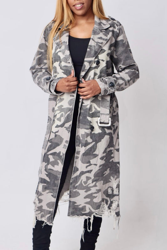 Women's Grey Camo Print Trench Coat- front view — Baebekillinem