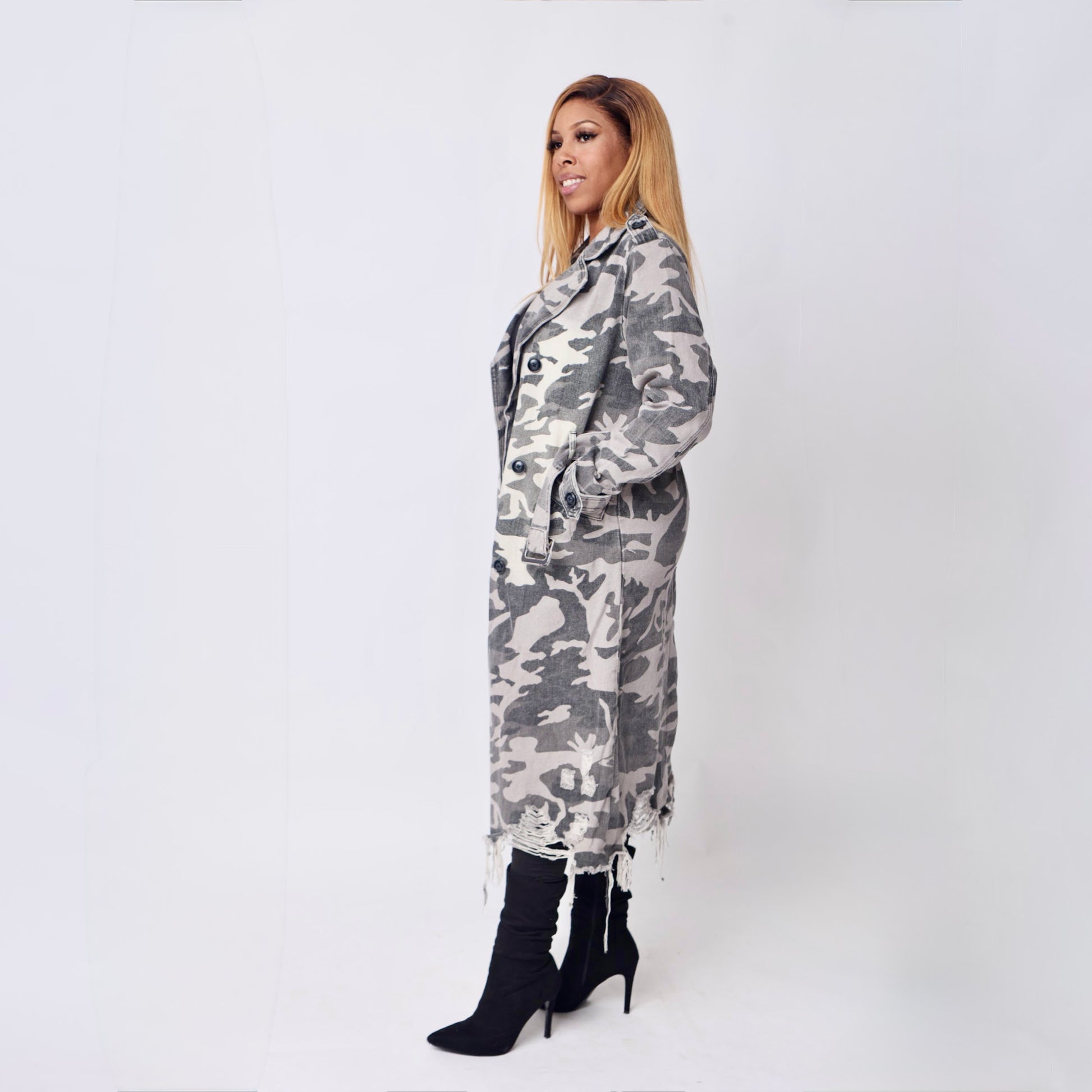 Grey Camo Trench Coat- Baebekillinem Boutique- Distressed