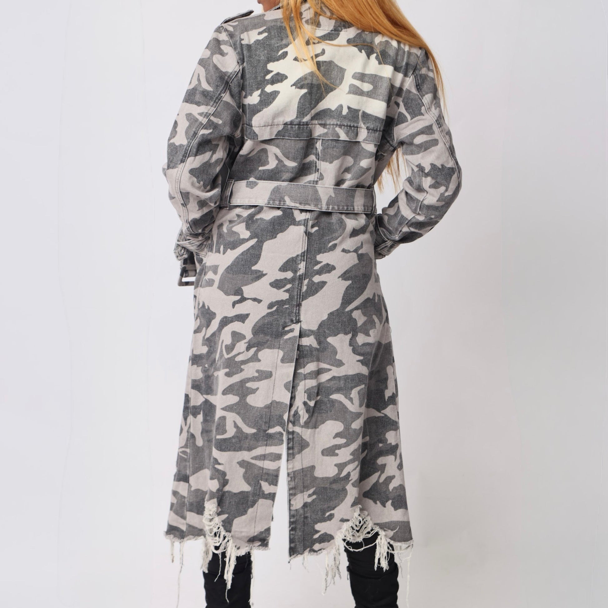 Grey Camo Trench Coat- Baebekillinem Boutique- Distressed