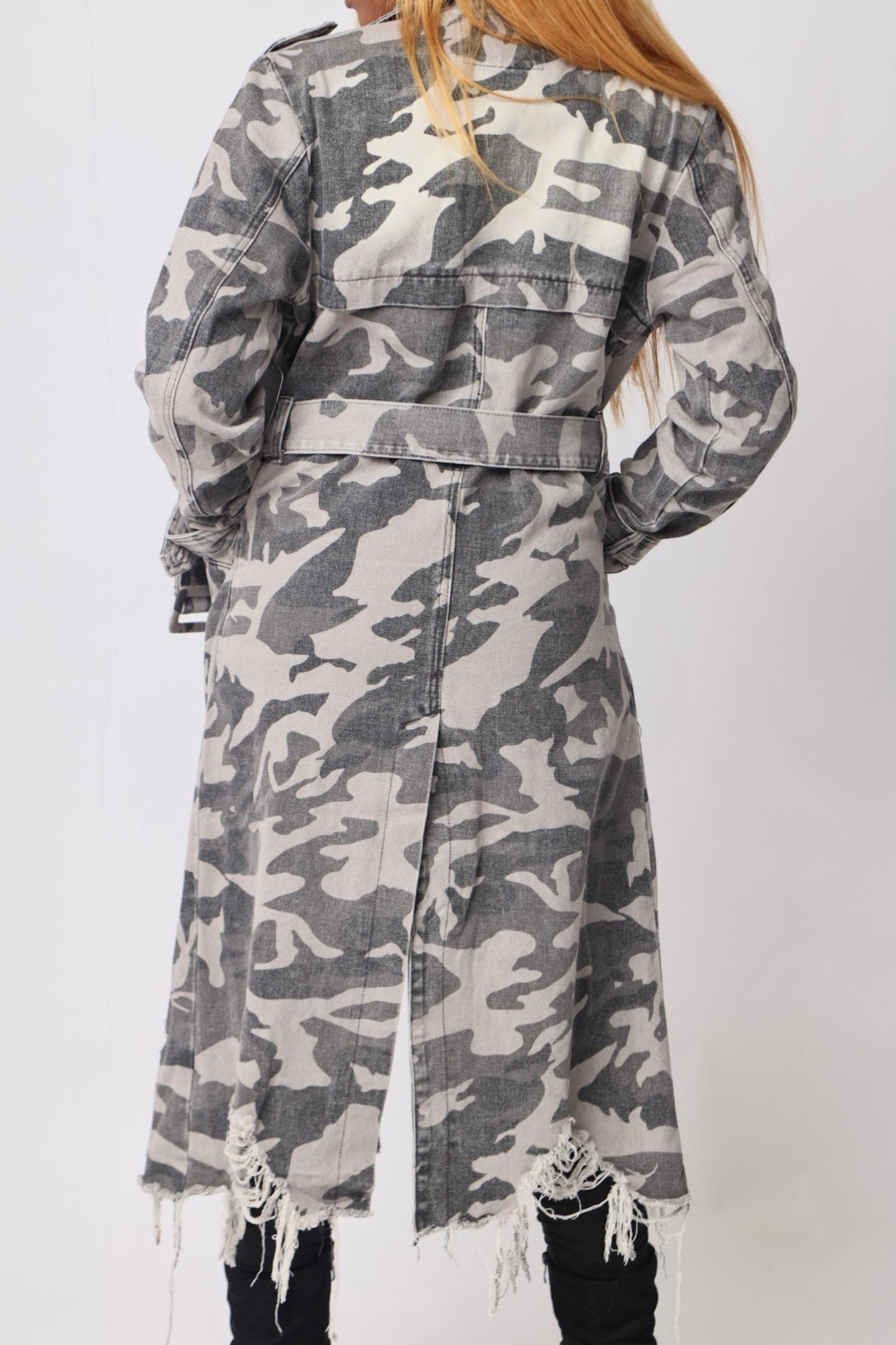Women's Grey Camo Print Trench Coat- back view — Baebekillinem