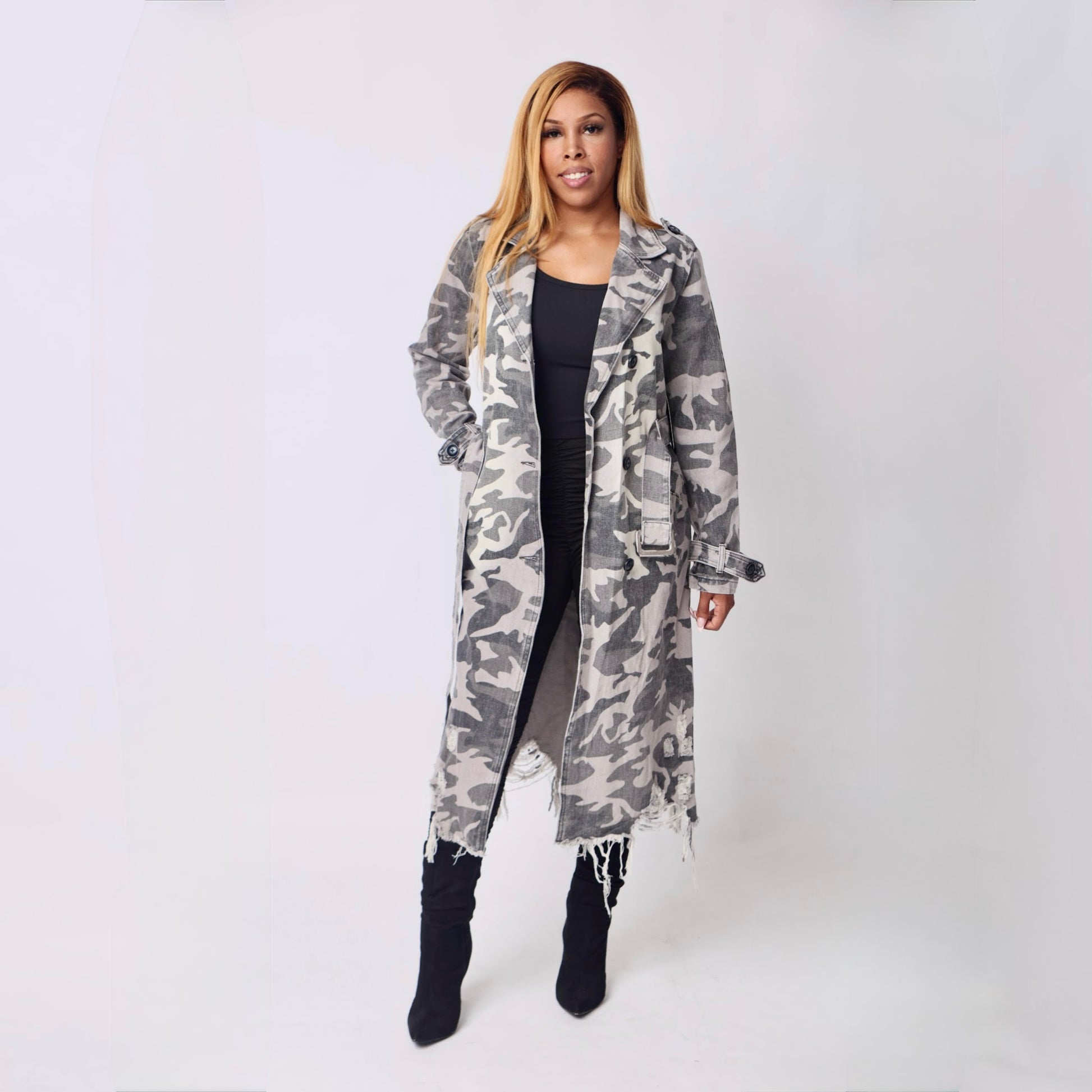 Grey Camo Trench Coat- Baebekillinem Boutique- Distressed