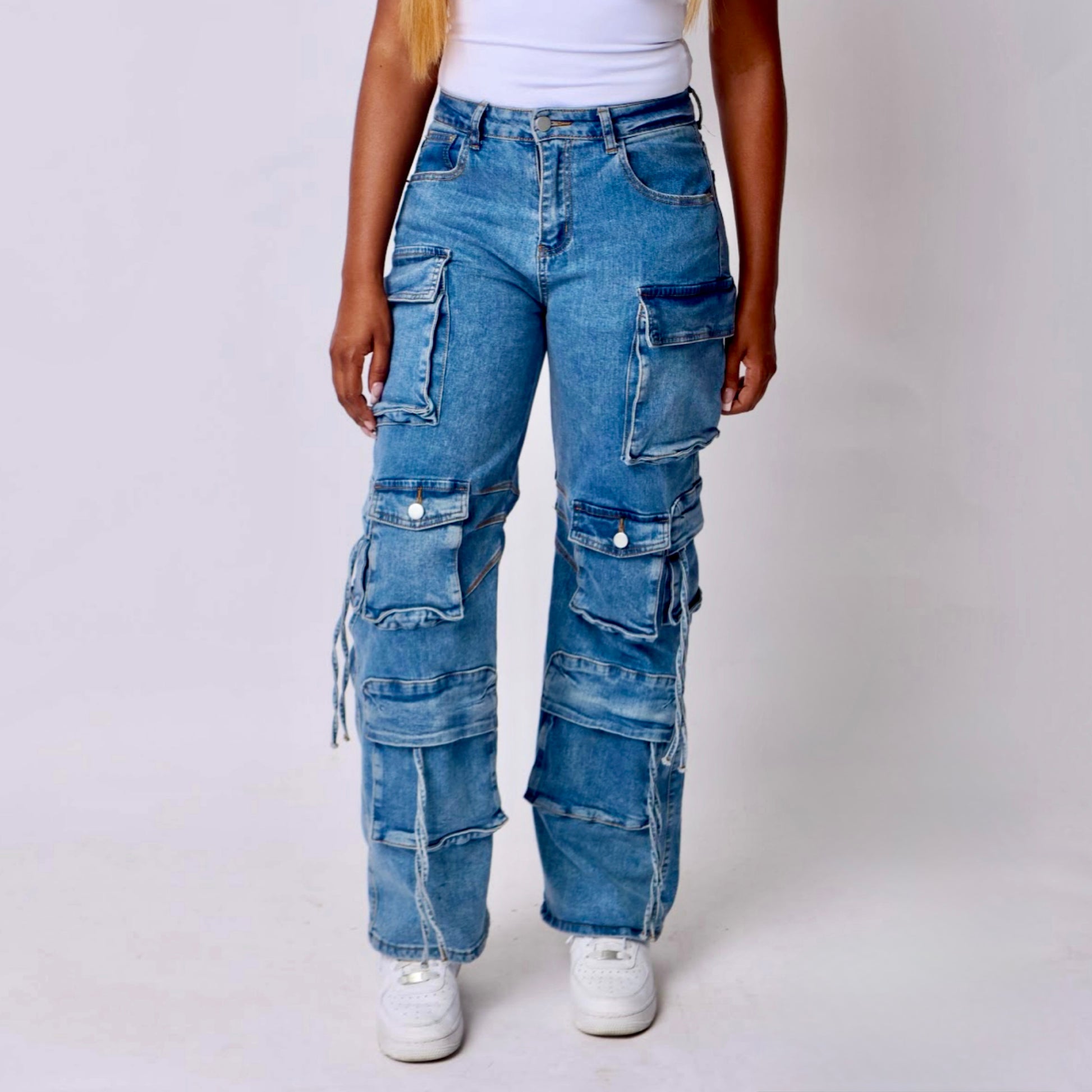 Multi Pocket Denim Wide Leg Cargo Pants