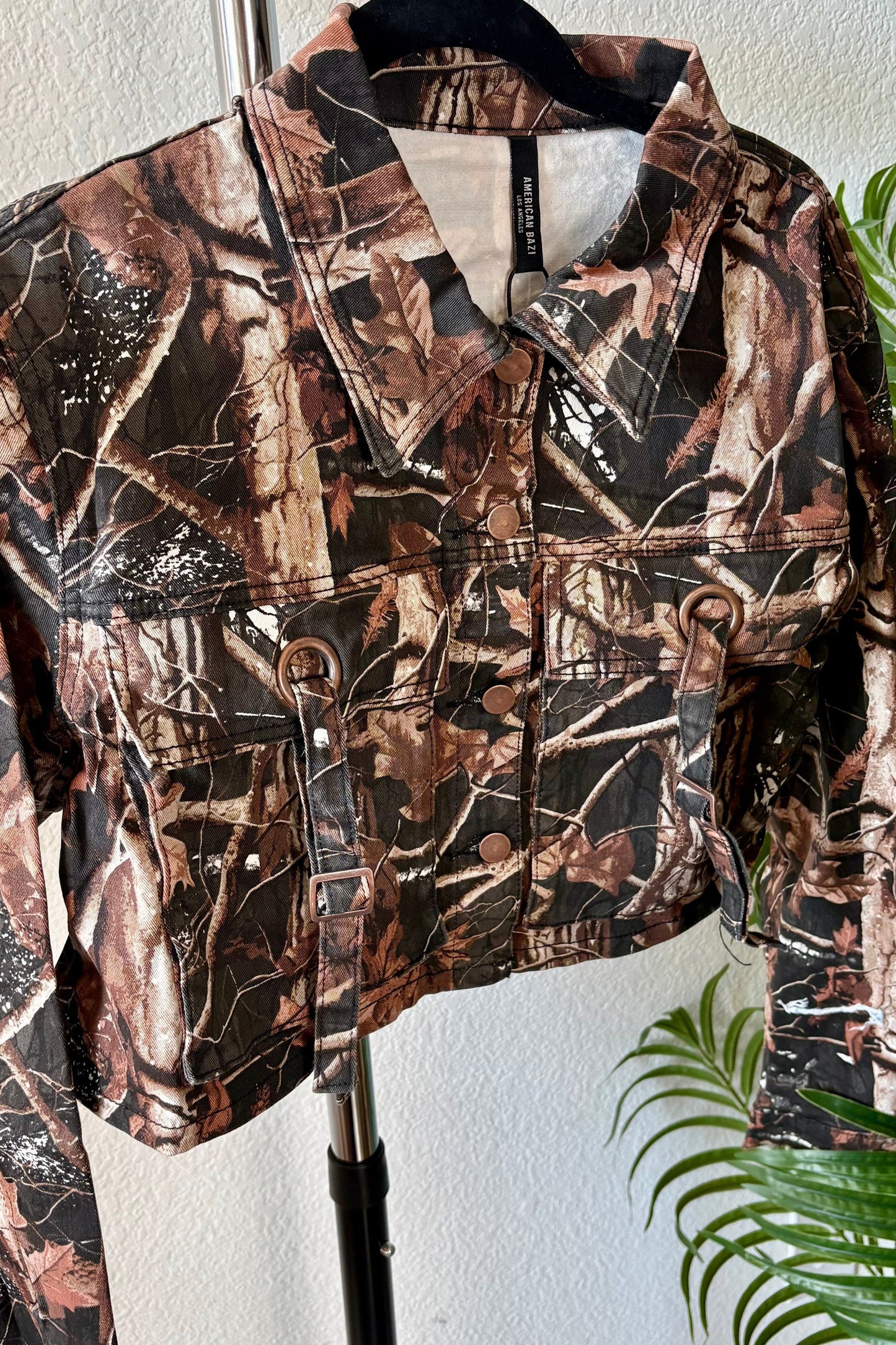 Real Camo Moto Crop Jacket- Baebekilline m- Front view on hanger