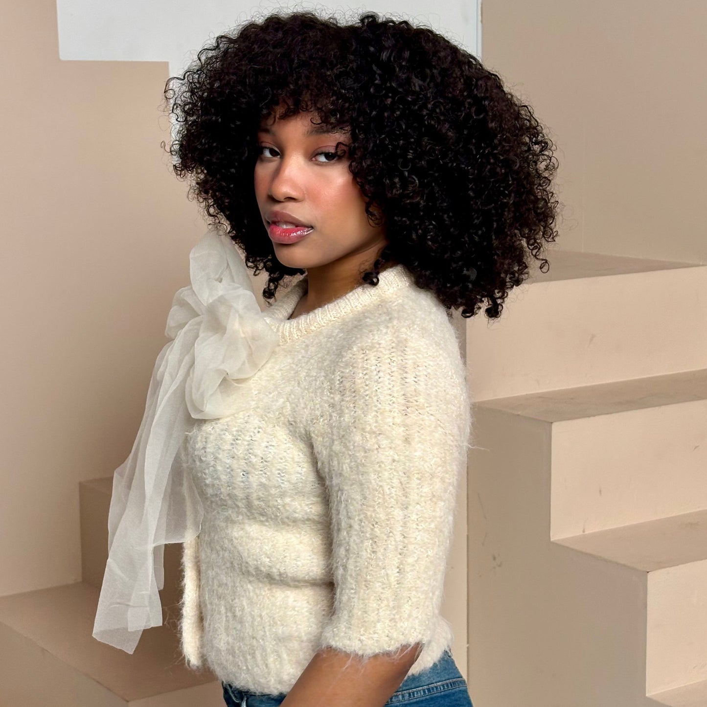Women's cream knit bow top close up bow detail — Baebekillinem