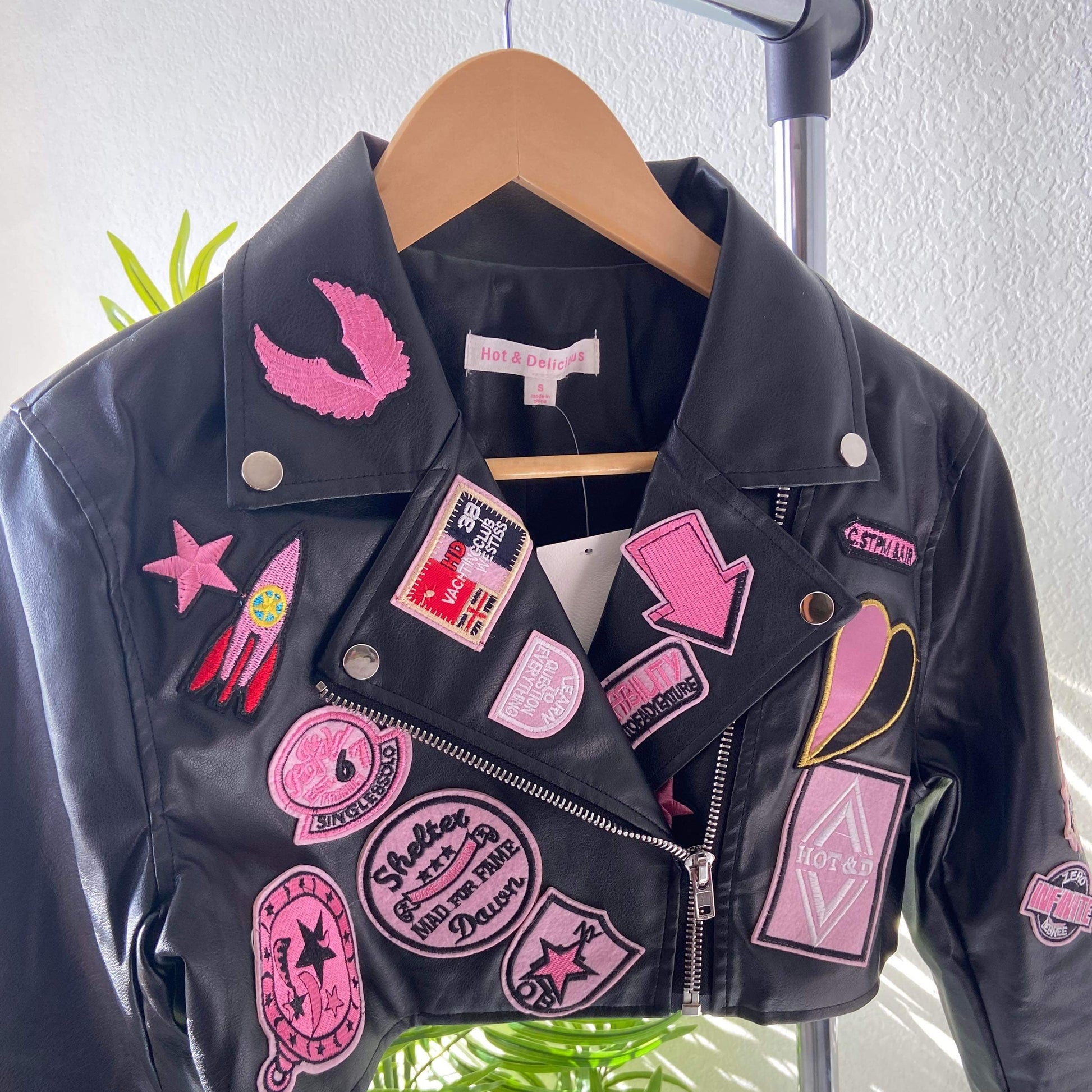 Women's Leather Patch Crop Jacket- Baebekillinem Boutique- Hot & Delicious- Black/Pink- Leather/ Polyester/ Rayon