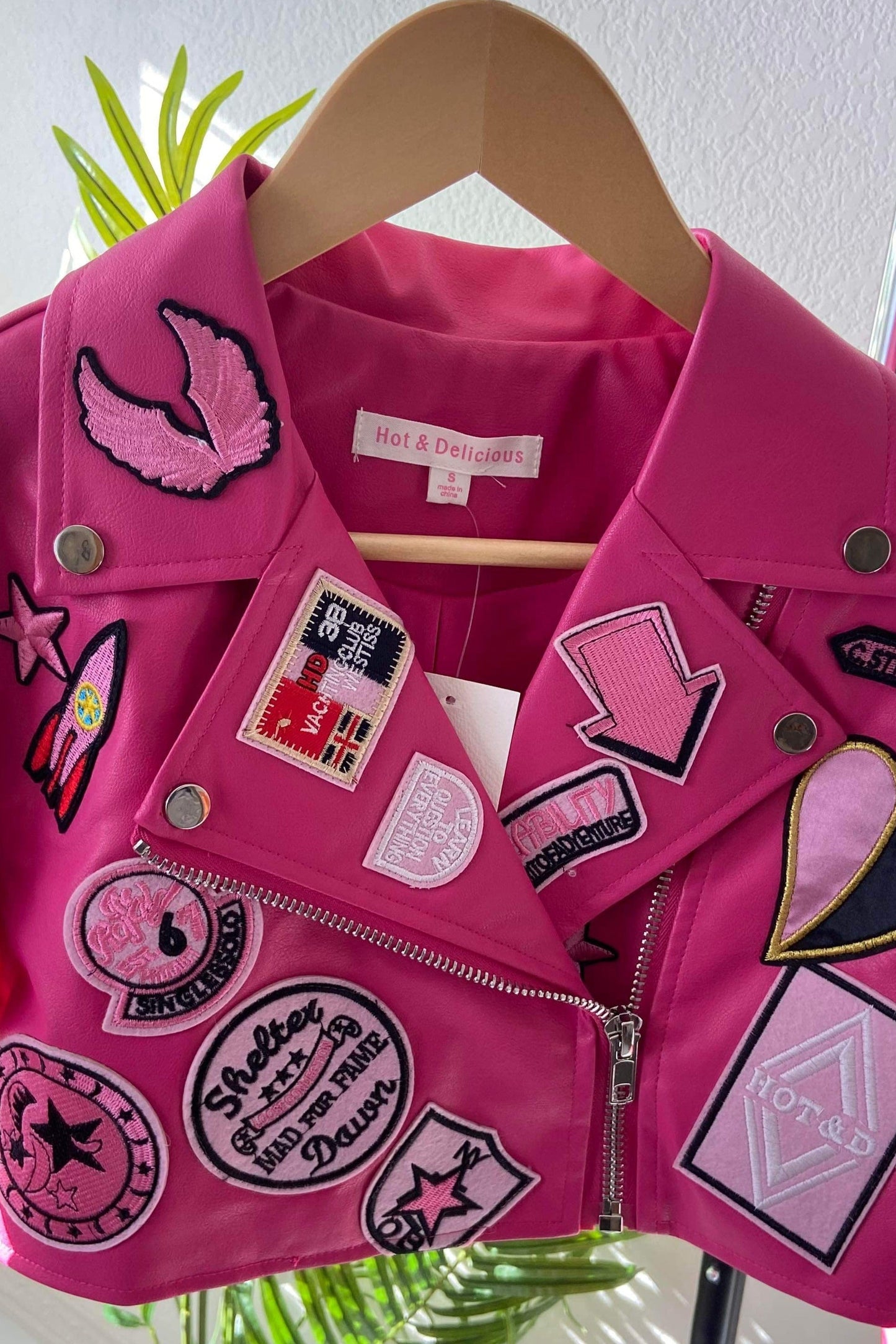 Women's Leather Patch Crop Jacket- Baebekillinem Boutique- Hot & Delicious- Black/Pink- Leather/ Polyester/ Rayon