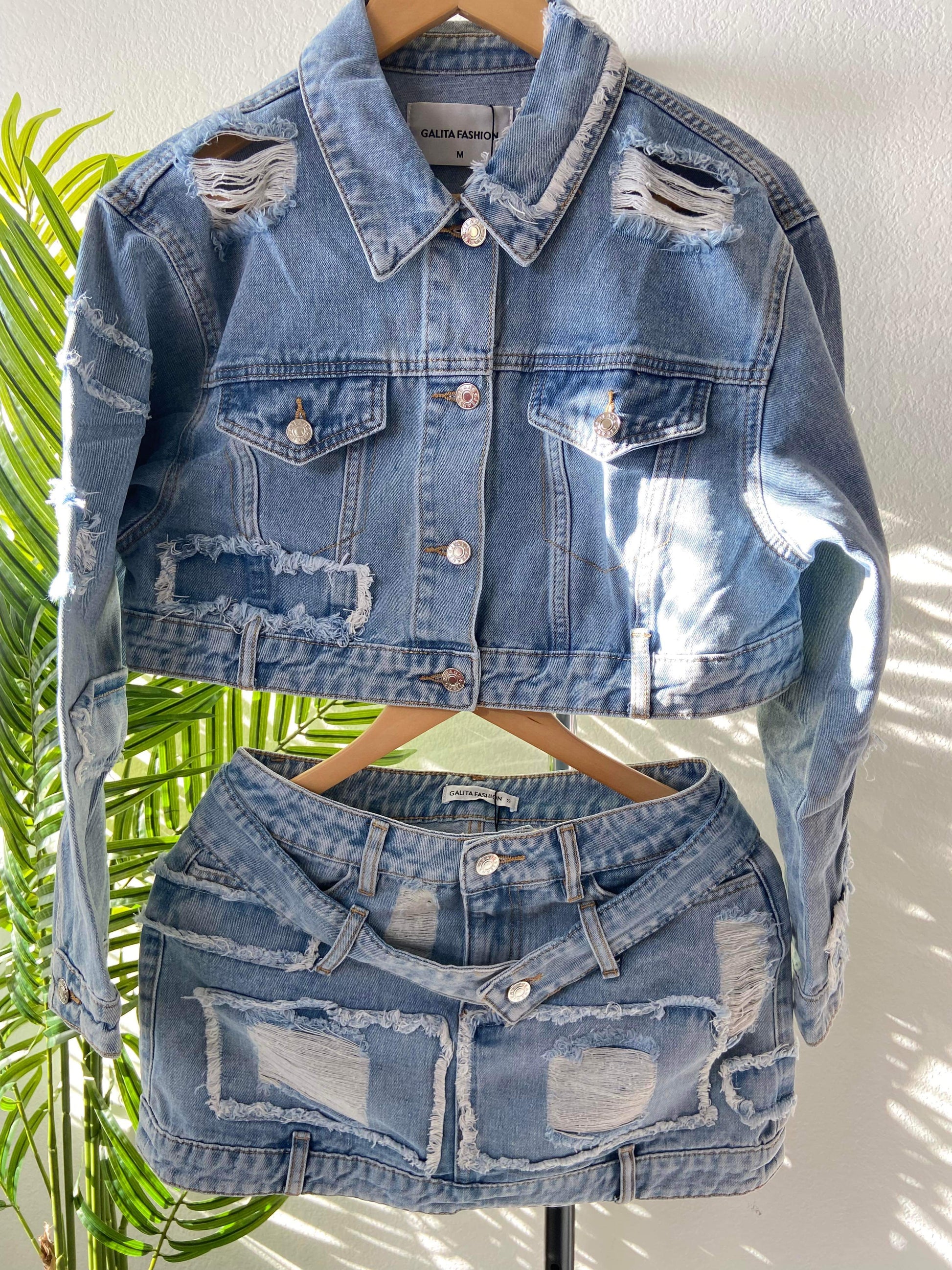 Women's Distressed Denim Skirt Set- Baebekillinem Boutique- Denim/ Polyester/ Spandex- Blue light