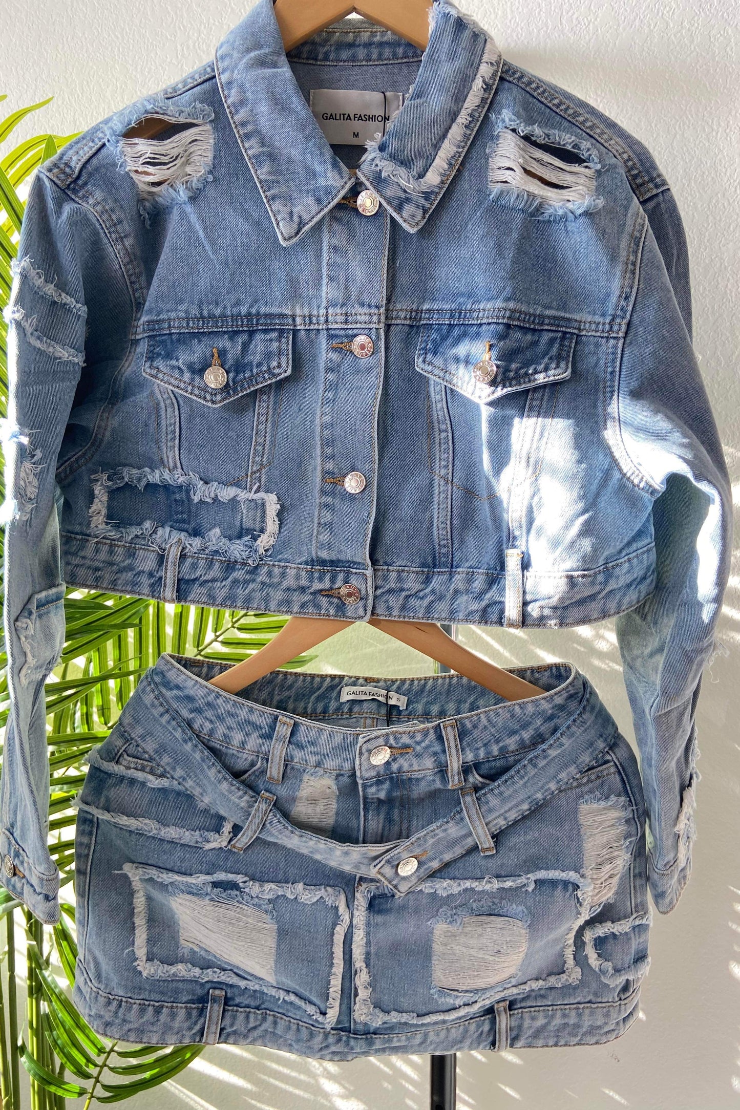 Women's Distressed Denim Skirt Set- Baebekillinem Boutique- Denim/ Polyester/ Spandex- Blue light