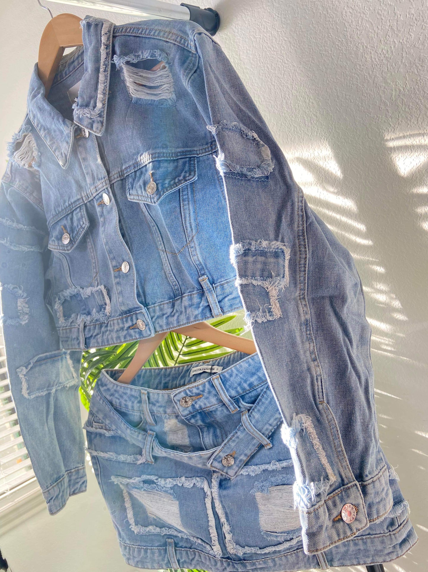 Women's Distressed Denim Skirt Set- Baebekillinem Boutique- Denim/ Polyester/ Spandex- Blue light - Distressed Denim Jacket Skirt Set - BaeBekillinem- light blue- longsleeve- baggy - oversized- casual- event- party- it girl