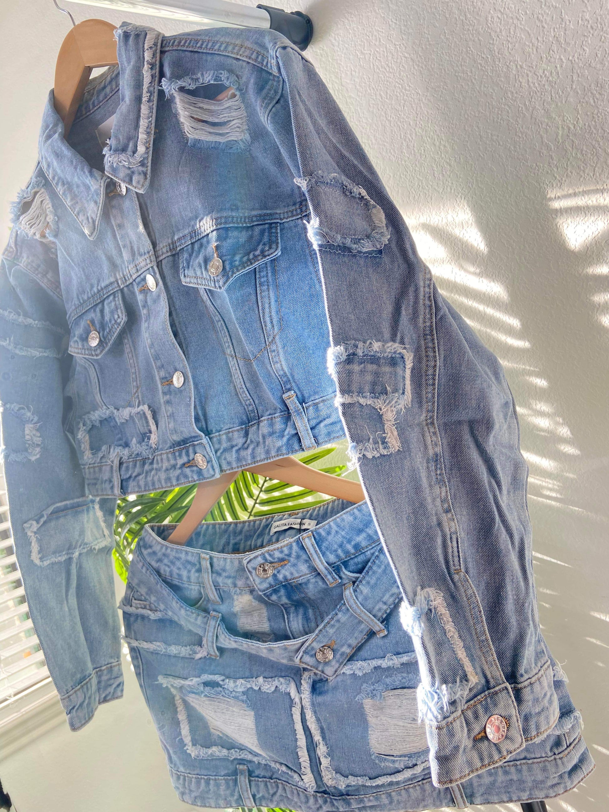 Women's Distressed Denim Skirt Set- Baebekillinem Boutique- Denim/ Polyester/ Spandex- Blue light - Distressed Denim Jacket Skirt Set - BaeBekillinem- light blue- longsleeve- baggy - oversized- casual- event- party- it girl