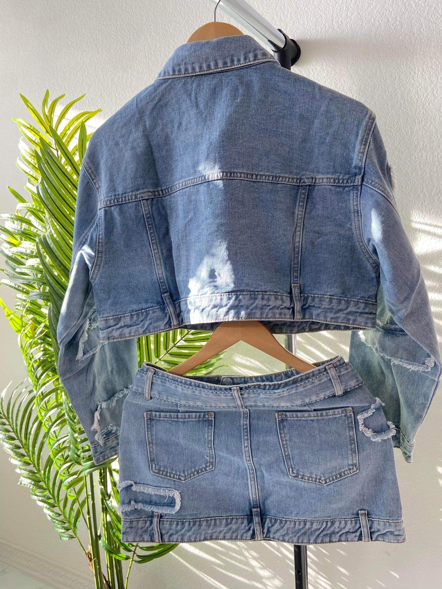 Women's Distressed Denim Skirt Set- Baebekillinem Boutique- Denim/ Polyester/ Spandex- Blue light