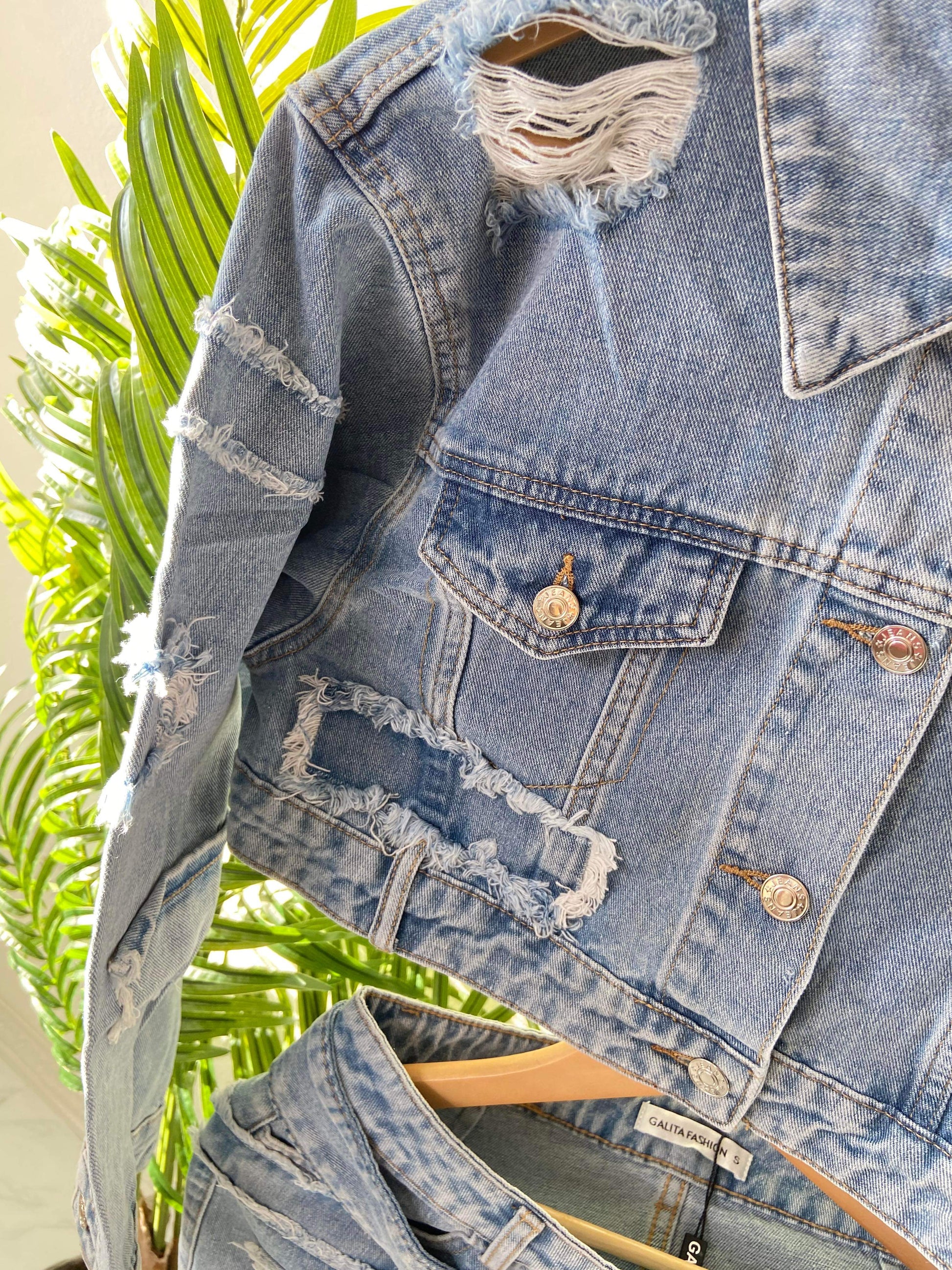 Women's Distressed Denim Skirt Set- Baebekillinem Boutique- Denim/ Polyester/ Spandex- Blue light