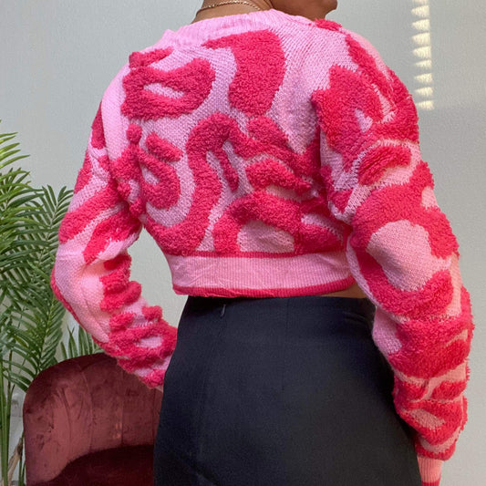 Women's Long Sleeve Knit Crop Sweater Top- Polyester/ Spandex- Pink/ Black/White- Baebekillinem Boutique