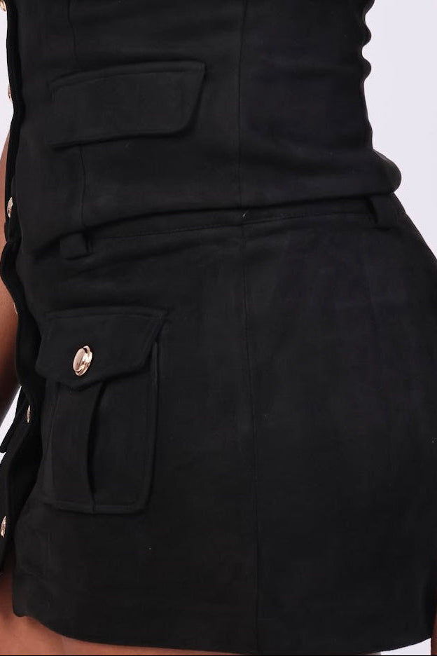 Women's Suede Pocket Button Mini Skirt- side view — Baebekillinem