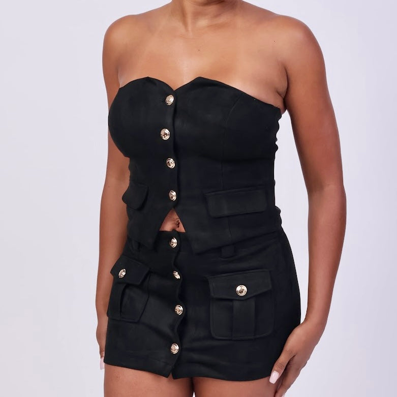 Suede pocket button mini skirt black paired with matching top— Baebekillinem