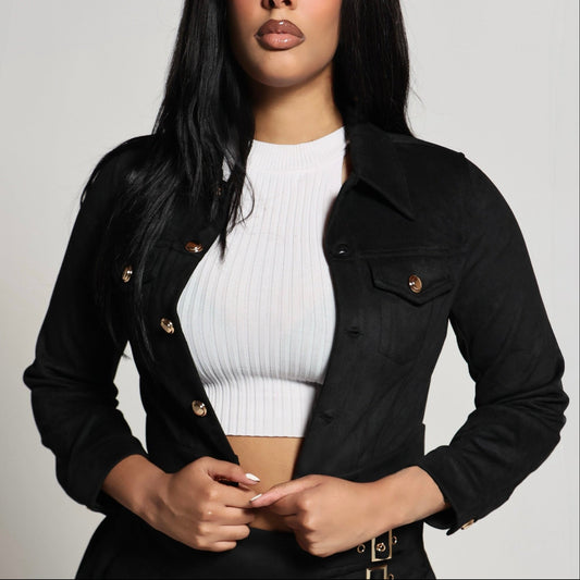 Women's Suede Button Up Biker Jacket- front view — Baebekillinem