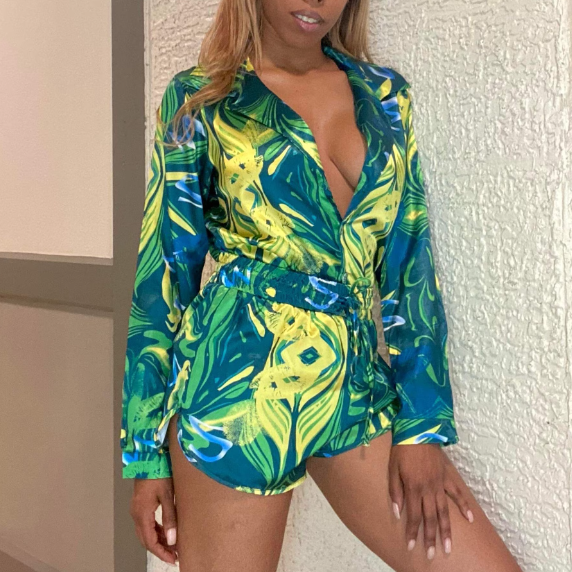 Women's Tropical Satin Abstract Matching Set - Spandex/ Polyester- Green/ Blue- Baebekillinem Boutique- party- club- brunch- yellow- shorts- long sleeve