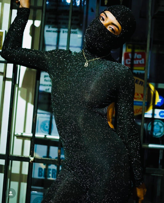 Women's Backless Stretchy Glitter Catsuit with - removable- Mask - BaeBekillinem Boutique- Polyester/ Spandex- Black/ Silver- Mugler- See Through- Party- ninja- girls-  night- mask -stretch- doll -face- baby