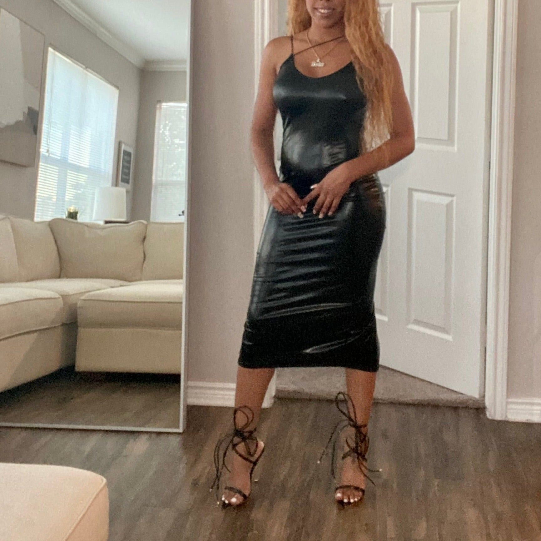 Faux Leather Midi Dress – Bodycon Spaghetti Strap Dress Faux Leather Midi Dress – Bodycon Spaghetti Strap Dress