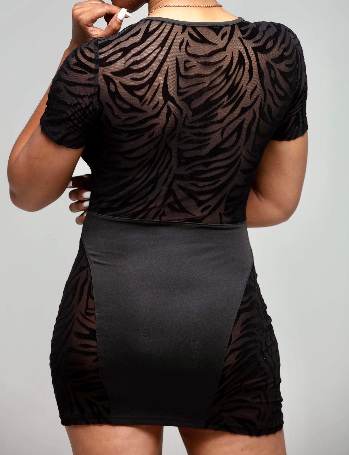 Women's Zebra Cutout Mini Dress - BaeBekillinem Boutique- Polyester/ Mesh- Black