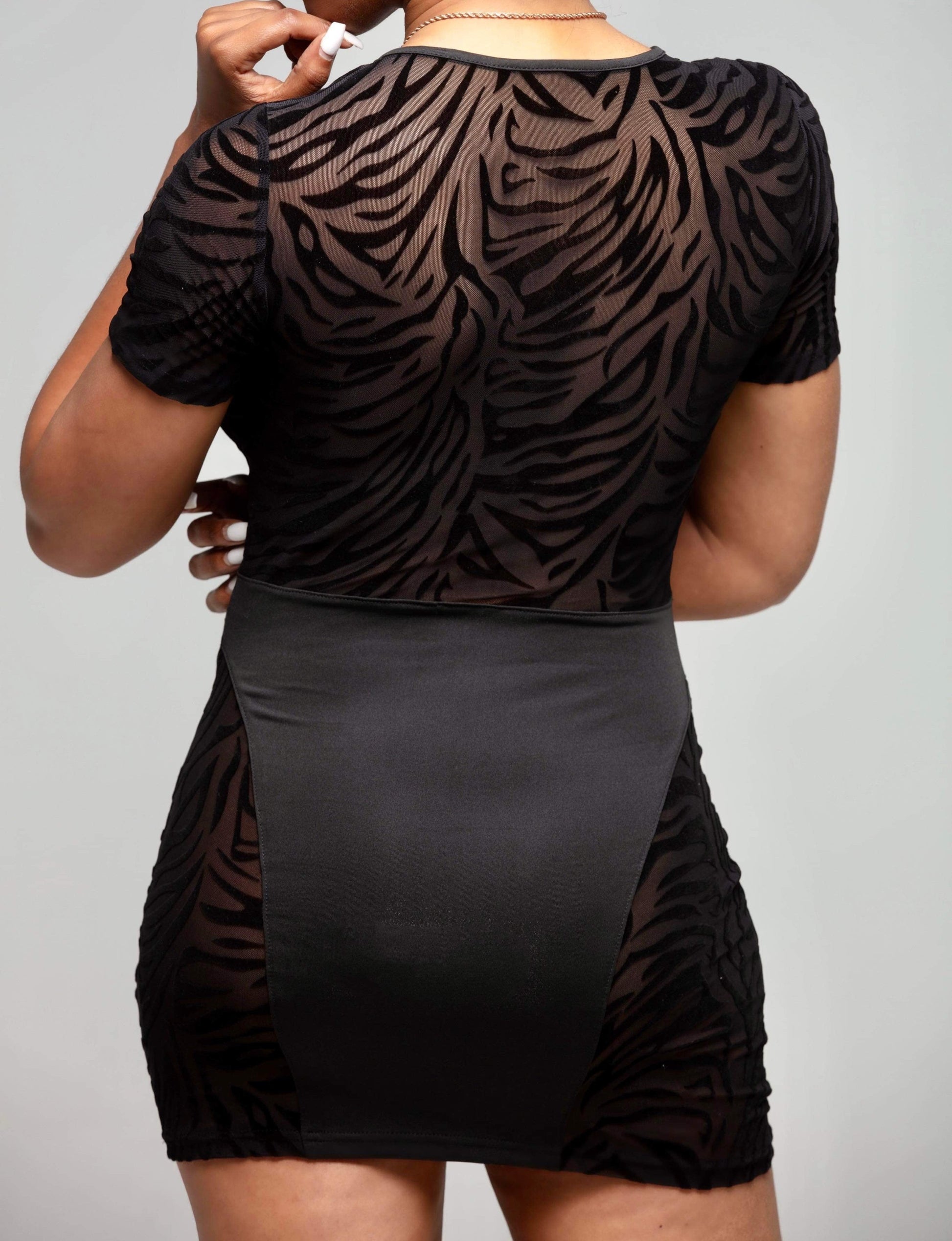 Women's Zebra Cutout Mini Dress - BaeBekillinem Boutique- Polyester/ Mesh- Black