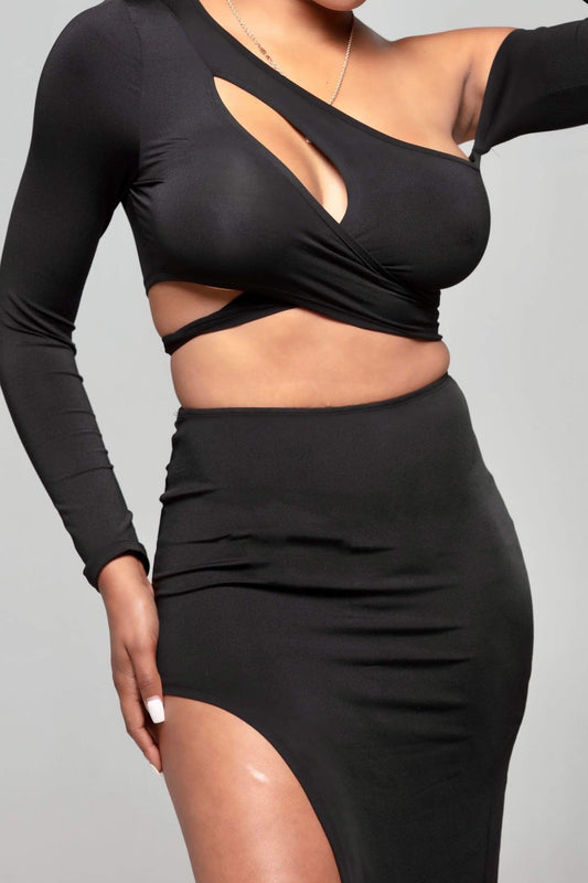 Women's Aura One Sleeve Bodycon Dress - detailed close up front view- BaeBekillinem