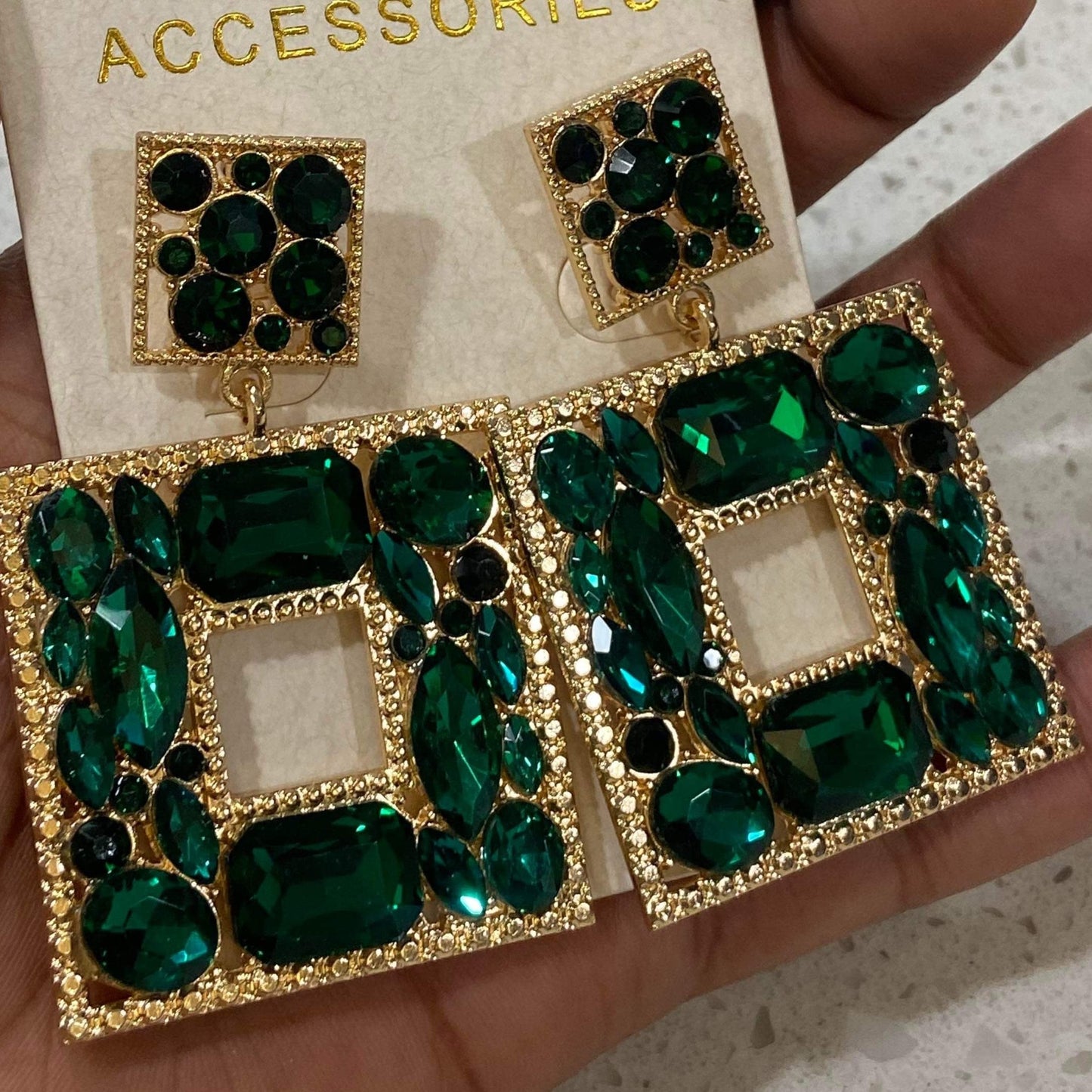 Women's Square Charm Dangle Earrings - BaeBekillinem Boutique- Crystal- Gold/ Green