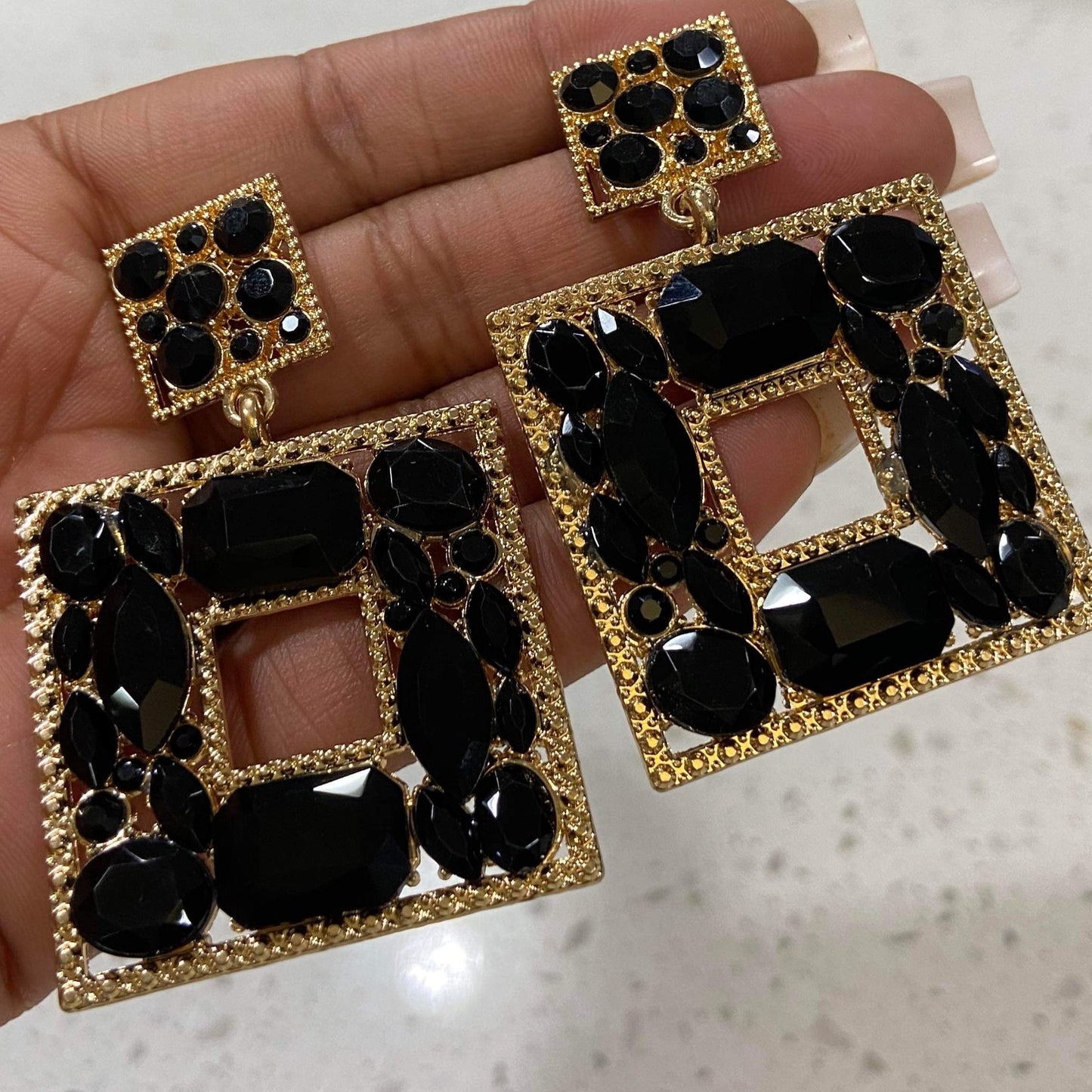 Women's Square Crystal Charm Vintage Dangle Earrings - BaeBekillinem Boutique- Crystal- Gold/ Black