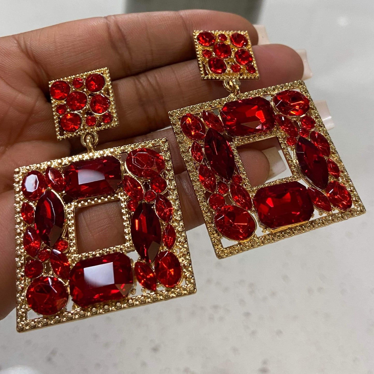 Women's Square Charm Dangle Earrings - BaeBekillinem Boutique- Crystal- Gold/ Red